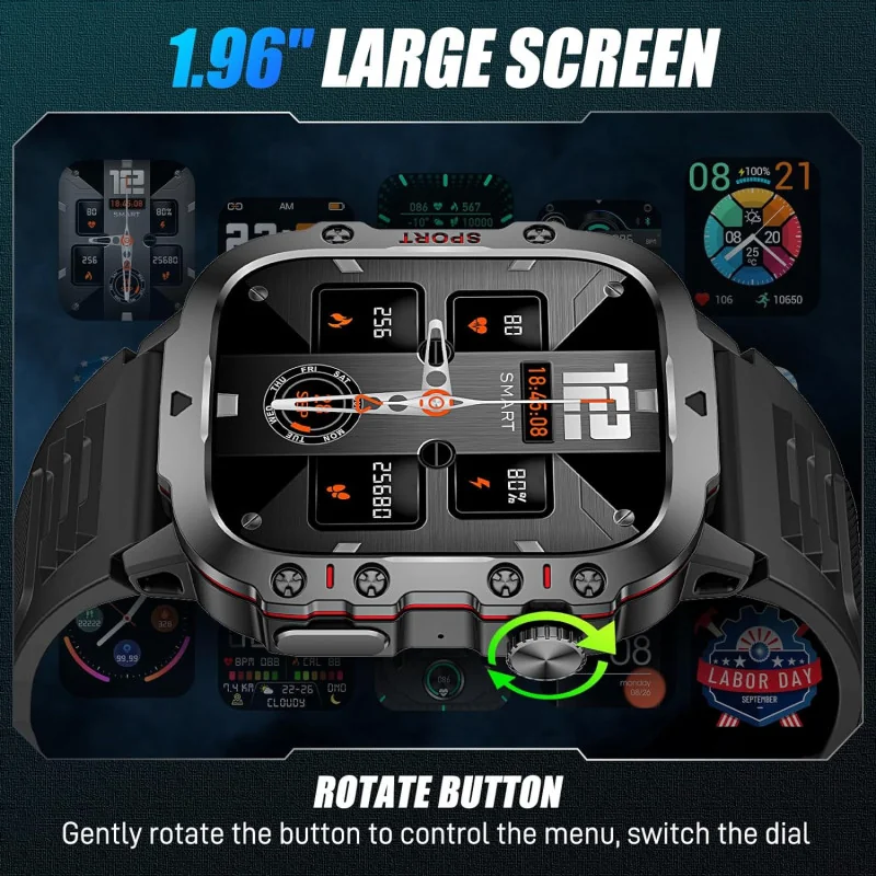 1.96 inch Rugged Tactical Smartwatch - Big Screen, Large 420 mAh Battery, and Advanced Tracking Capabilities