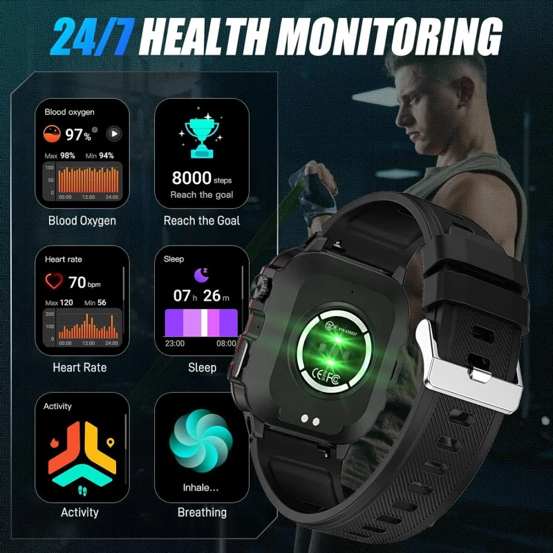 1.96 inch Rugged Tactical Smartwatch - Big Screen, Large 420 mAh Battery, and Advanced Tracking Capabilities