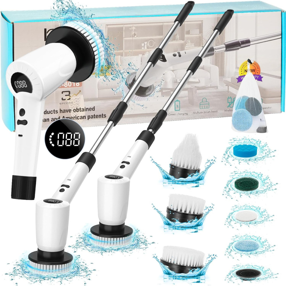 Electric Spin Cordless Tub and Tile Scrubber: w/ Adjustable Extension Arm, 3 Speed and 7 Replaceable Cleaning Heads