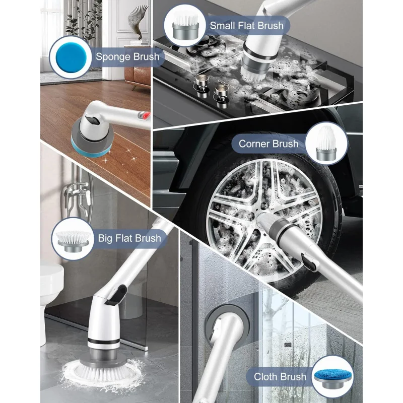 Electric Spin Scrubber Scrubber: Cordless Cleaning Brush and 5 Replaceable Brush Heads IPX7 w/ Adjustable Extension Handle