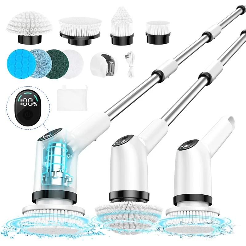 Electric Spin Scrubber: w/ 9 Replacement Scrubber Head, 53 inch Extension Arm and 1.5H Bathroom Scrubber Dual Speed