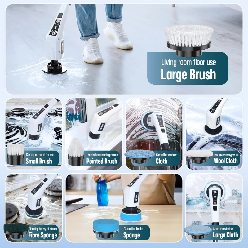 Electric Spin Scrubber: Cordless, w/ Real-time Power Display Screen, 8 Brush Heads and 3 Speeds