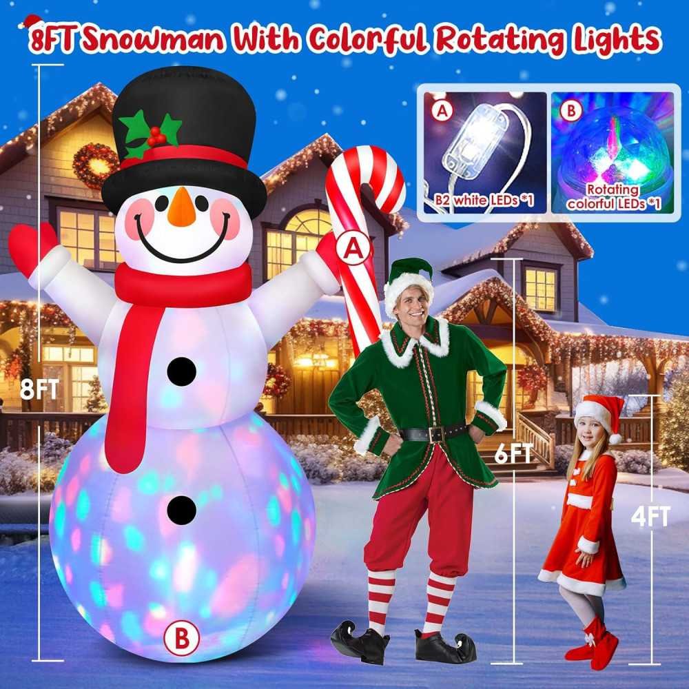 8 FT Inflatable Snowman with Rotating LEDs and Candy Cane | TekChoice Electronics