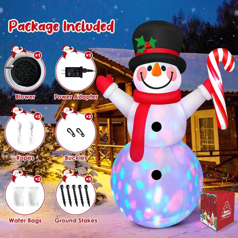 8 FT Inflatable Snowman with Rotating LEDs and Candy Cane | TekChoice Electronics