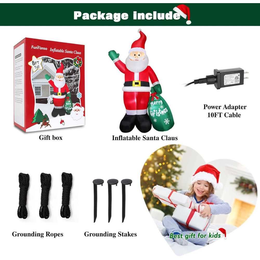 8 FT Inflatable Santa Claus with LED Lights and Giant Gift Bag