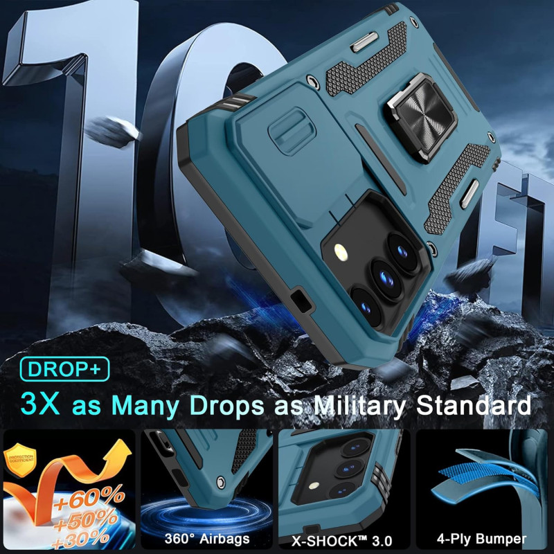 Samsung Galaxy S24 Slide Camera Cover Case w/ Rotated Ring Kickstand and Military-Grade Shockproof Shield