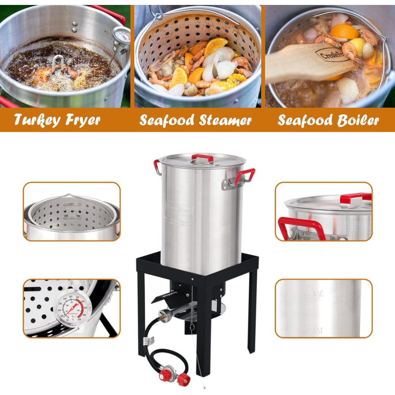 Creole Feast Turkey and Fish Boiler Steamer Kit w/ High-Heat BBQ Gloves and 50000 BTU Burner