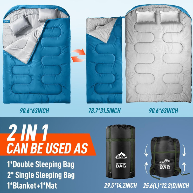 XL Queen Size Double Sleeping Bag w/ Pillow for All-Season Adventures