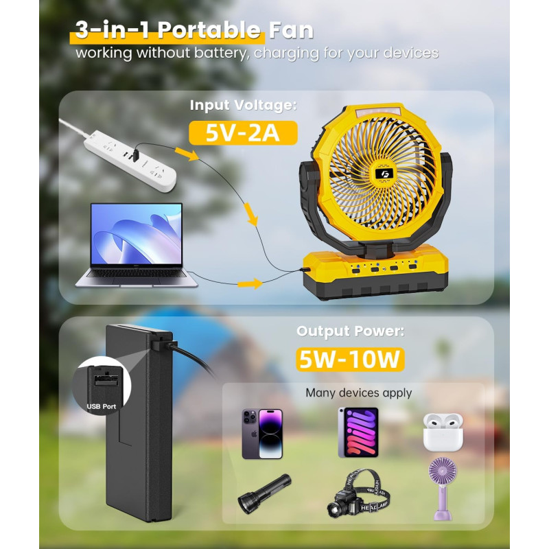 3-in-1 Portable Camping Fan w/ LED, Remote Control, and Detachable 24,000mAh Battery