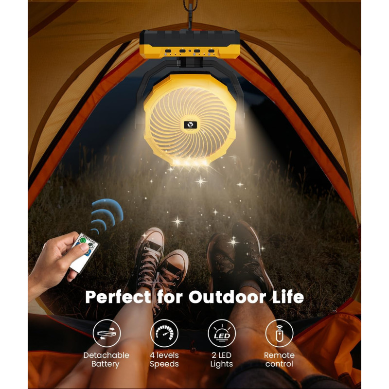 3-in-1 Portable Camping Fan w/ LED, Remote Control, and Detachable 24,000mAh Battery