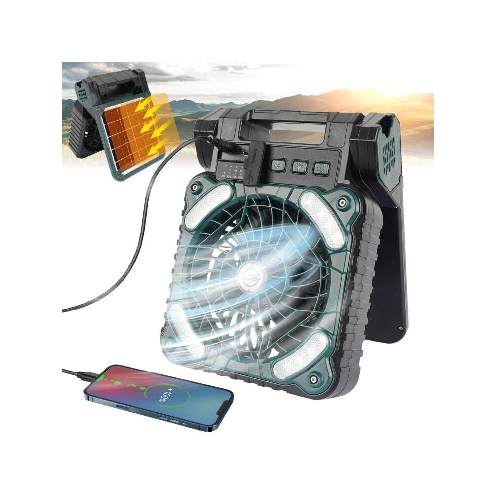 Solar-Powered Camping Fan w/ LED Light and Remote Control