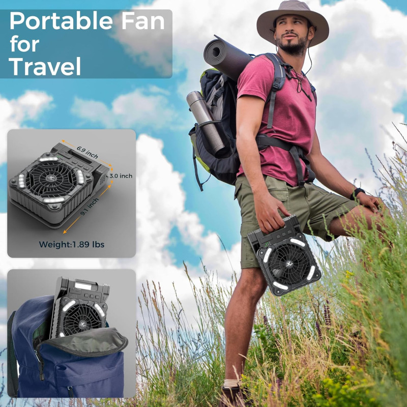 Solar-Powered Camping Fan w/ Light and Power Bank Feature
