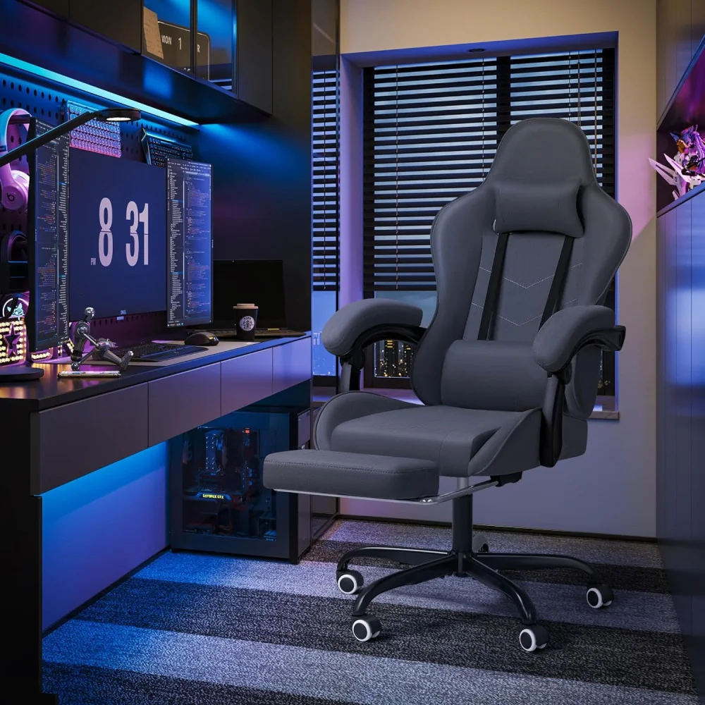 Ergonomic Video Game Chair w/ Footrest and Massage Lumbar Support