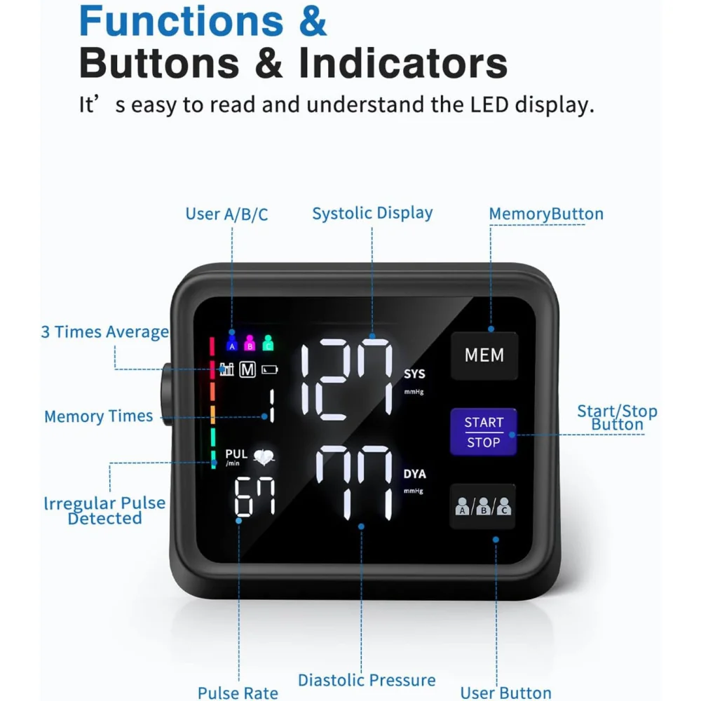 Advanced Upper Arm Blood Pressure Monitor w/ Large Display and Memory Function