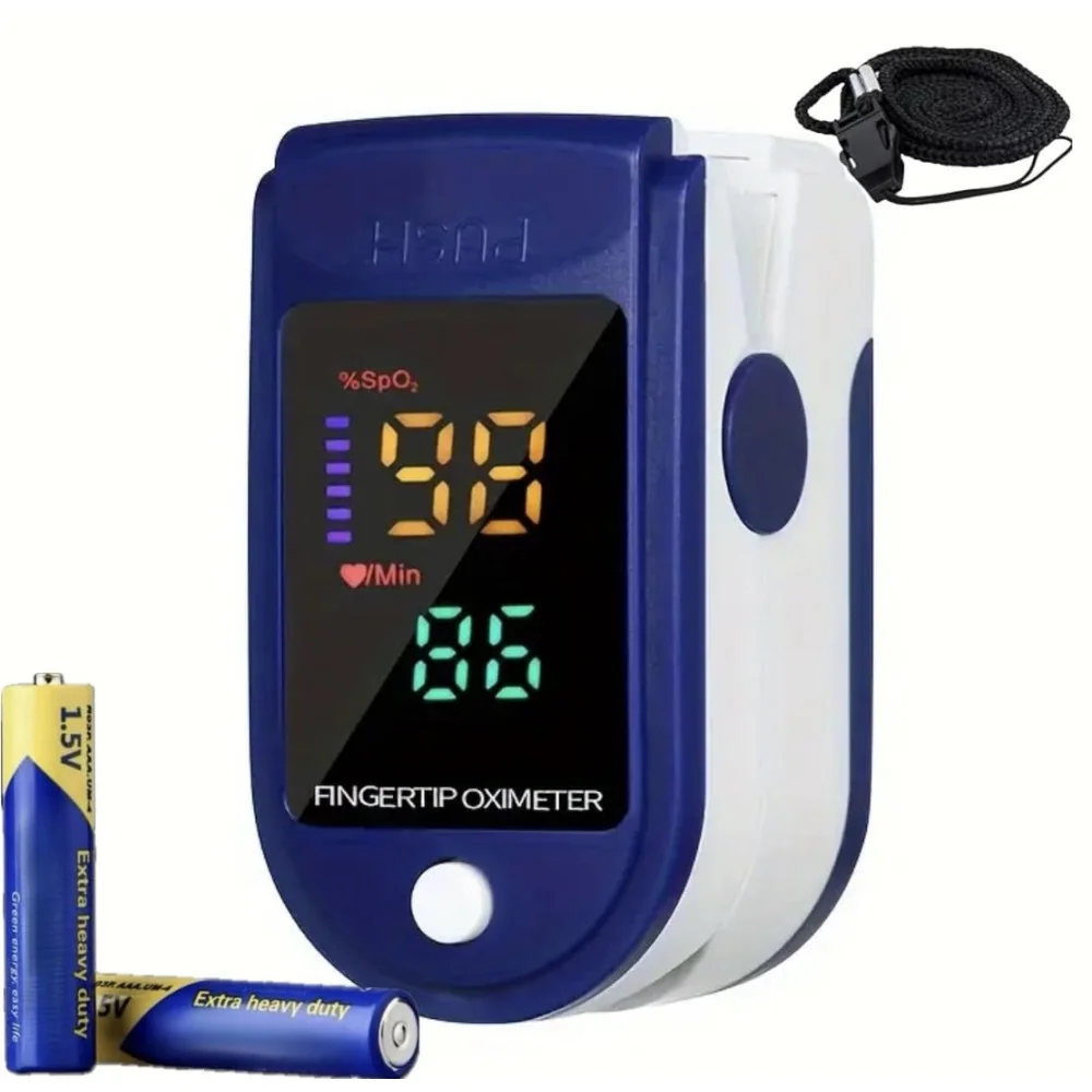 Navy Blue Finger Pulse Oximeter w/ Large Display and Convenient Accessories