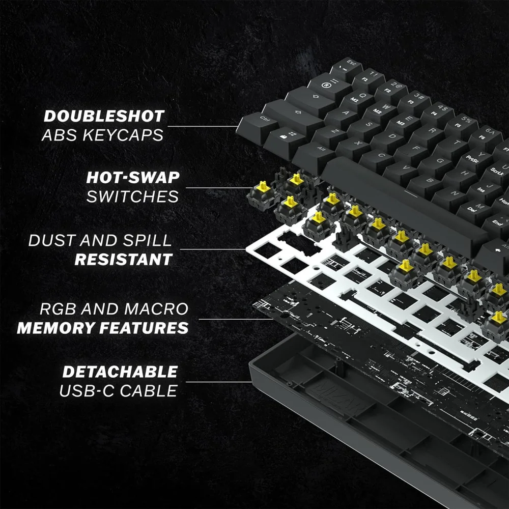 GK61 Mechanical Gaming Keyboard - 61 RGB Backlit Keys, Hotswap Gateron Switches, and Mac/PC Compatibility
