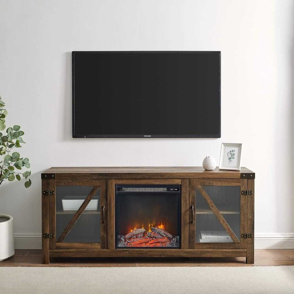 Farmhouse TV Stand with Barn Doors and Glass Fireplace for Living Room Storage | TekChoice Electronics