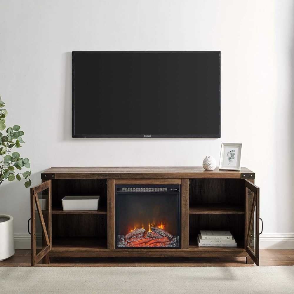 Farmhouse TV Stand with Barn Doors and Glass Fireplace for Living Room Storage | TekChoice Electronics