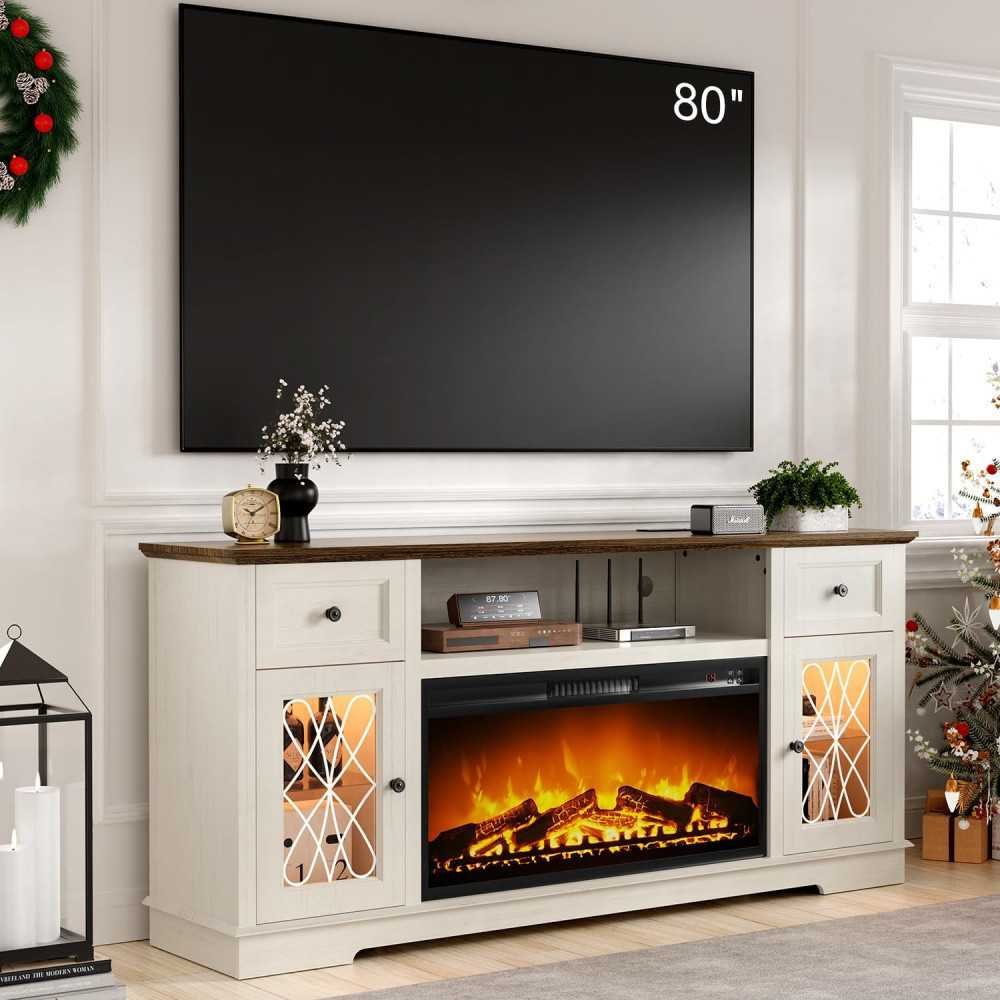 80 Inch Fireplace TV Stand featuring Charger Station & LED Lights | TekChoice Electronics