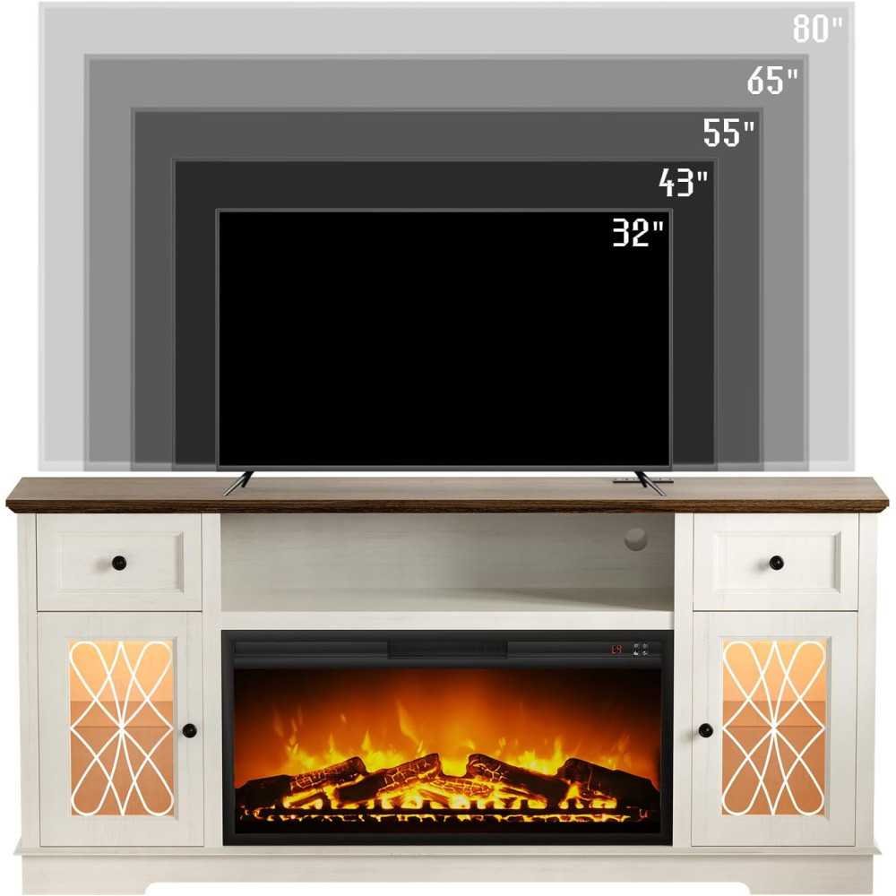 80 Inch Fireplace TV Stand featuring Charger Station & LED Lights | TekChoice Electronics