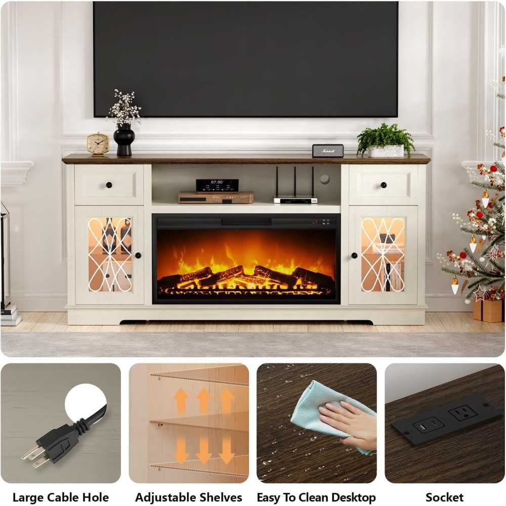 80 Inch Fireplace TV Stand featuring Charger Station & LED Lights | TekChoice Electronics