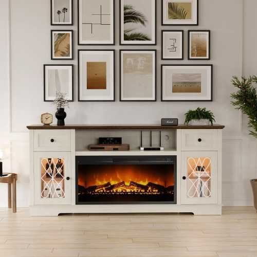 80 Inch Fireplace TV Stand featuring Charger Station & LED Lights | TekChoice Electronics