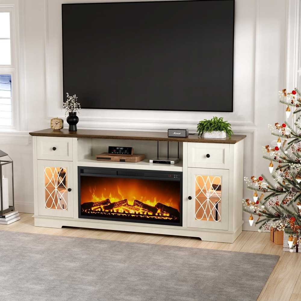 80 Inch Fireplace TV Stand featuring Charger Station & LED Lights | TekChoice Electronics