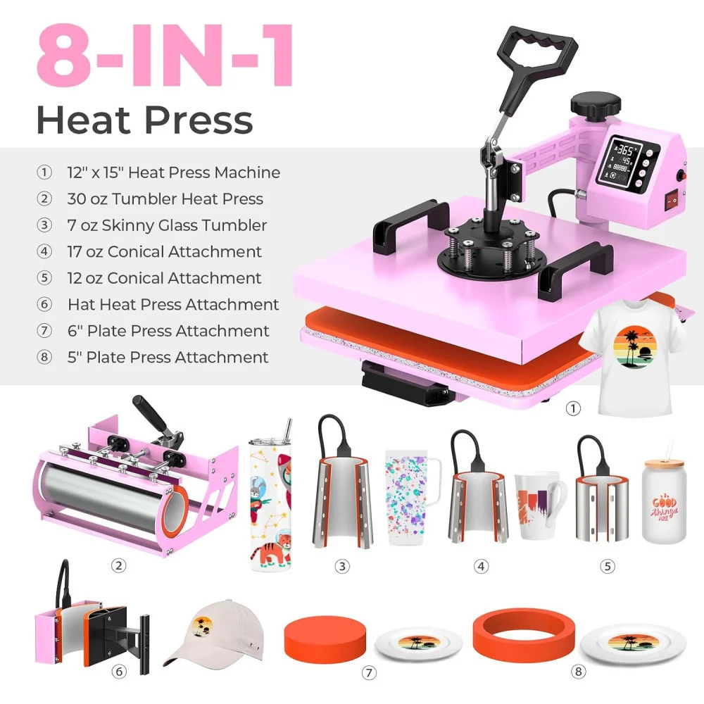 (12x15in) 8-in-1 Heat Press Machine for Tumblers, T-Shirts, and More