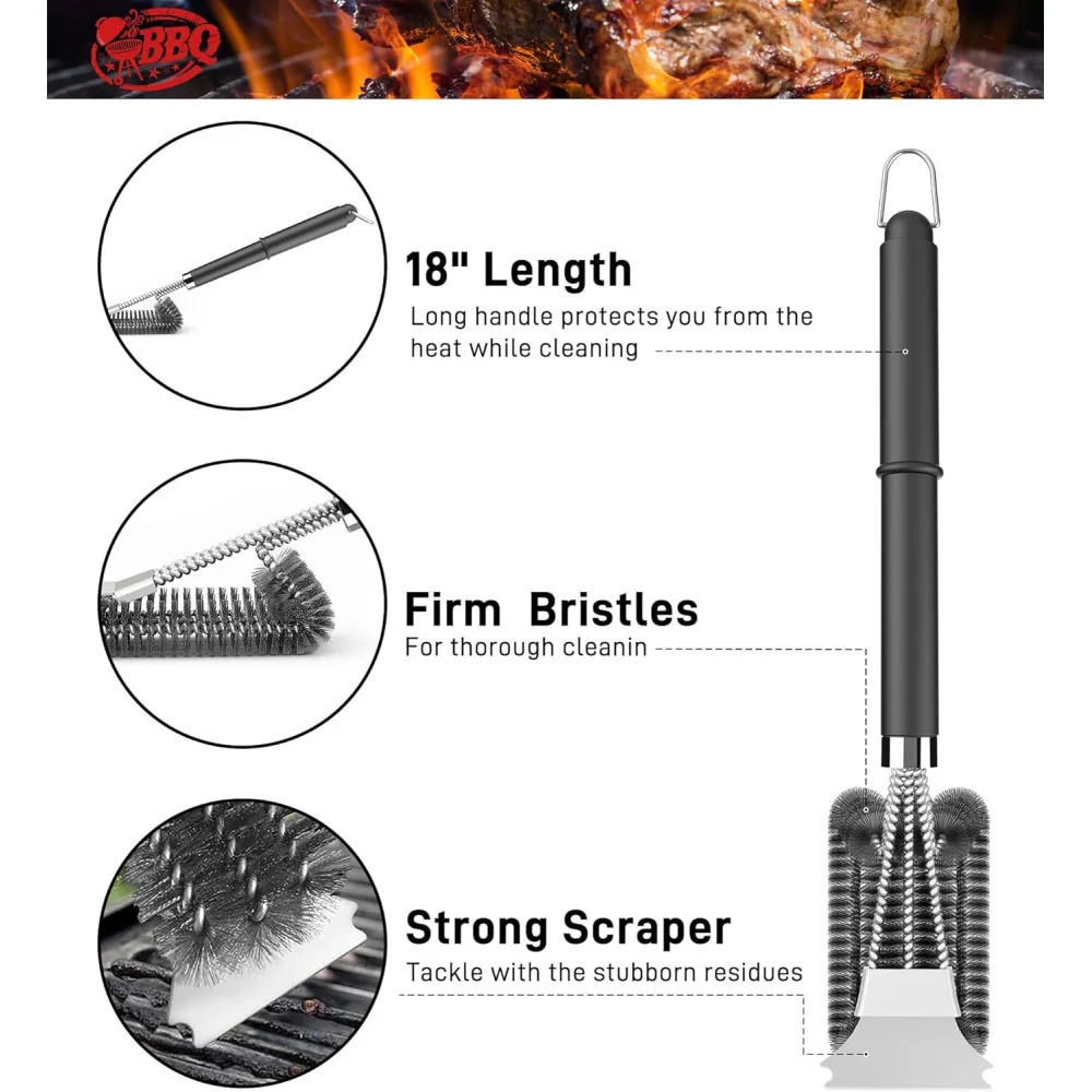 BBQ Grill Brush w/ Scraper and Adjustable Handle for Effortless Cleaning