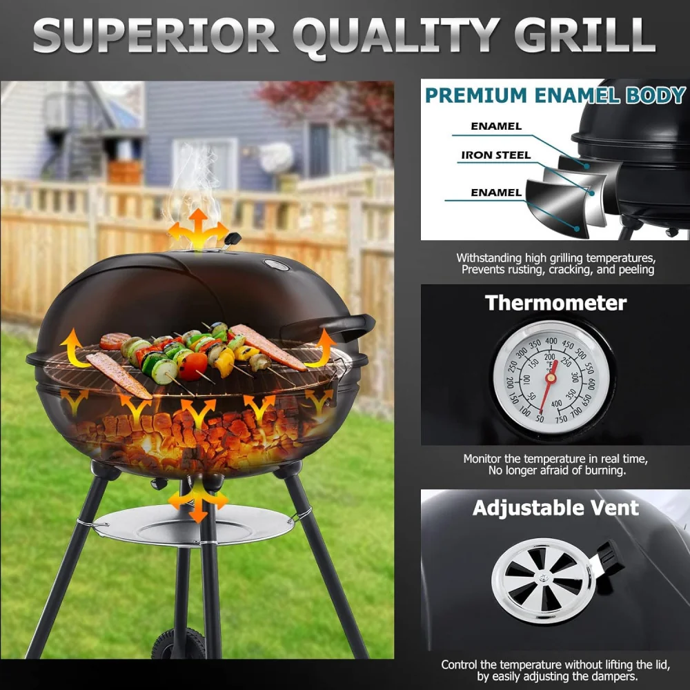 22-inch Charcoal Grill with Thermometer and Two Layer Racks