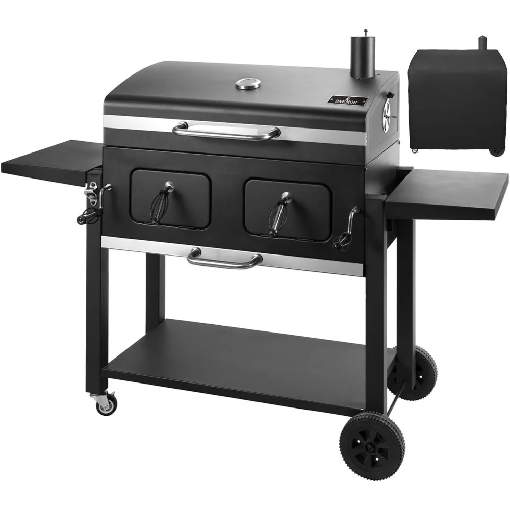 Extra Large Charcoal BBQ Grill with Adjustable Trays and Foldable Side Tables