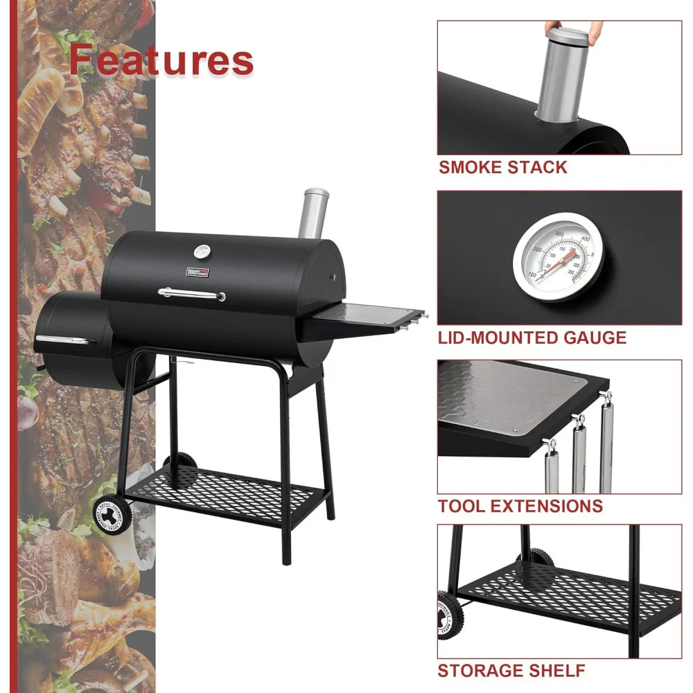 30-inch barrel charcoal grill featuring an offset smoker