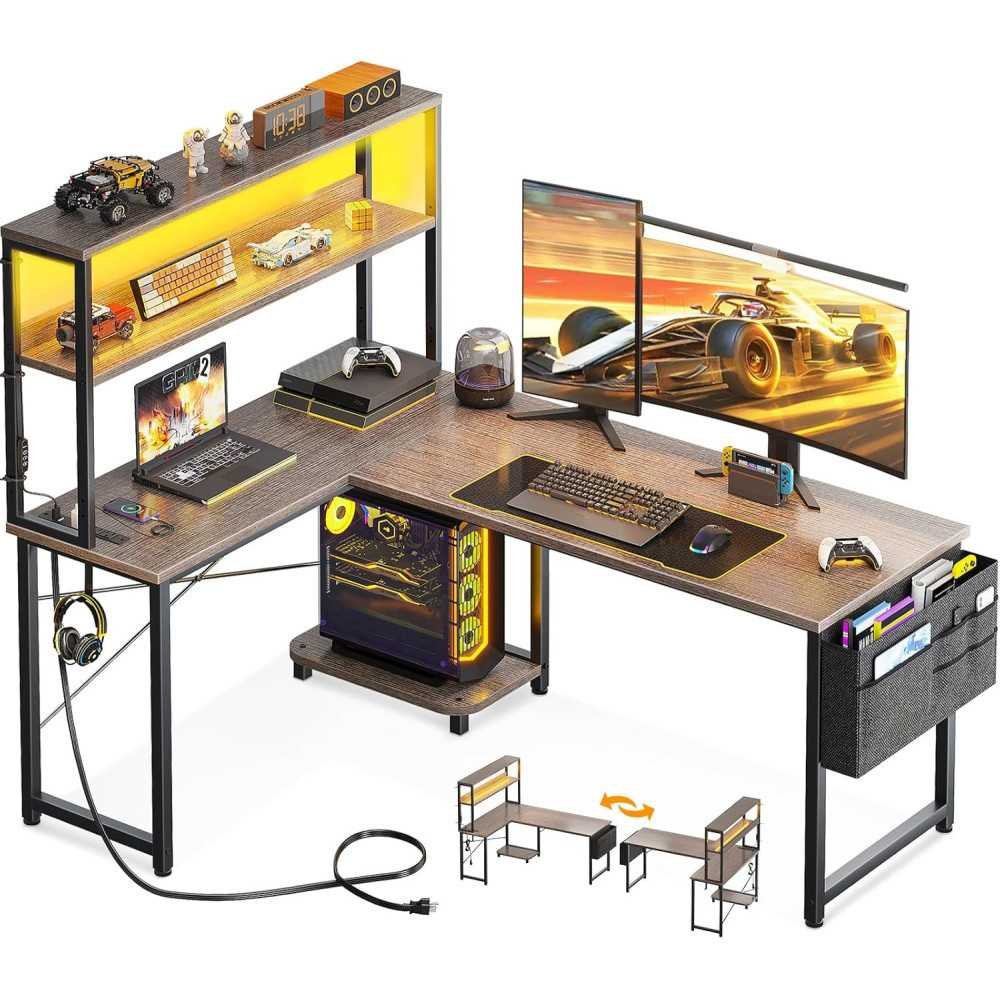 53 inch L-Shaped Gaming Desk with LED Lights, Power Outlet, and Storage Features | TekChoice Electronics