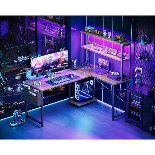 53 inch L-Shaped Gaming Desk with LED Lights, Power Outlet, and Storage Features | TekChoice Electronics