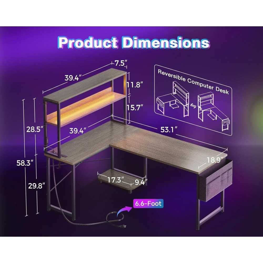 53 inch L-Shaped Gaming Desk with LED Lights, Power Outlet, and Storage Features | TekChoice Electronics