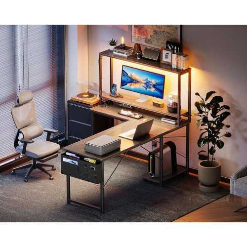 53 inch L-Shaped Gaming Desk with LED Lights, Power Outlet, and Storage Features | TekChoice Electronics