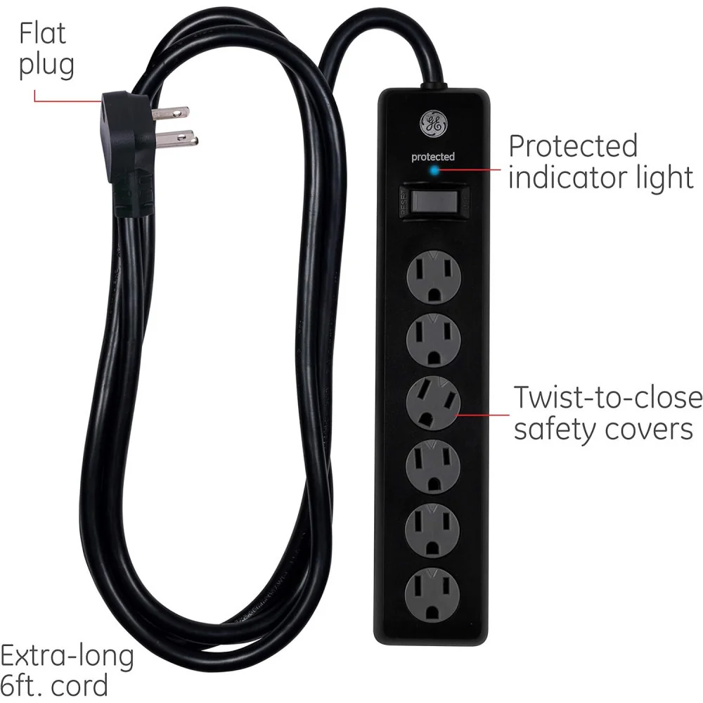 GE 6-Outlet Surge Protector w/ Long 6-Ft Extension Cord and Safety Features