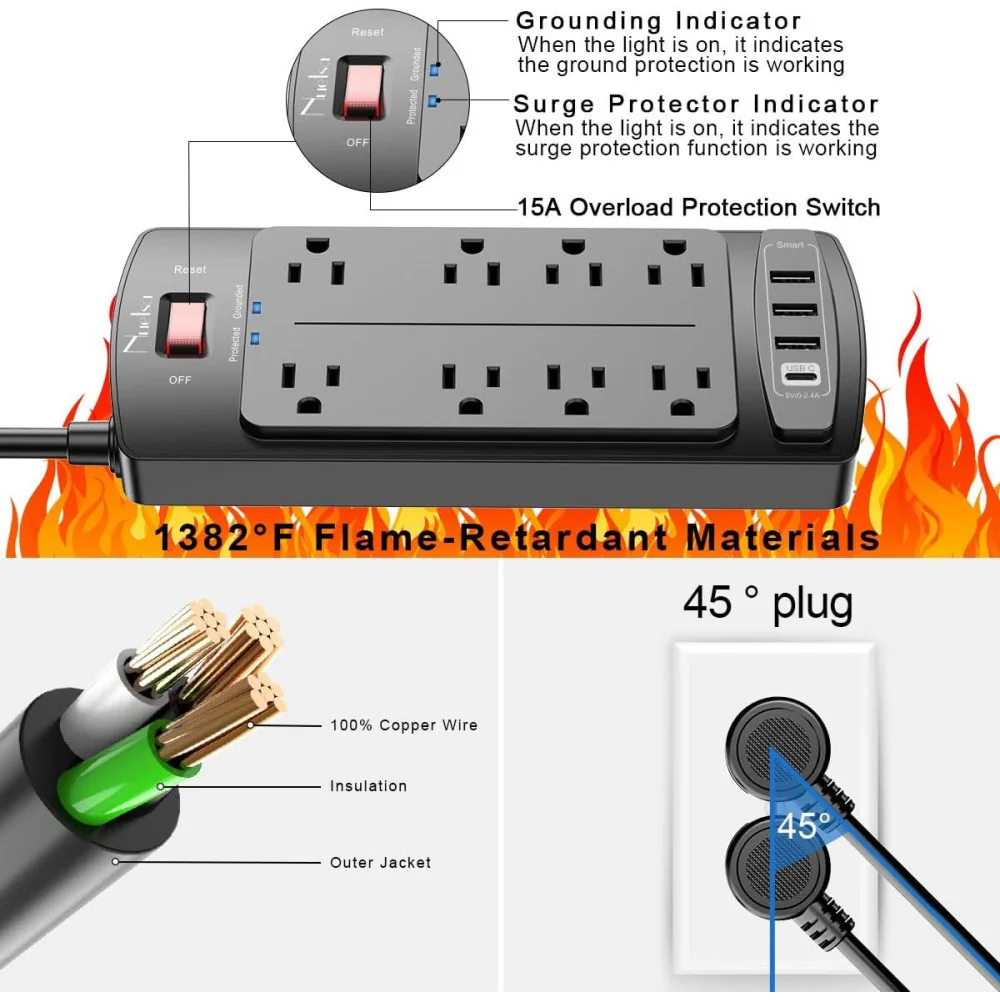 8-Outlet Surge Protector Power Strip w/ 4 USB Ports - Maximize Safety and Convenience in Style