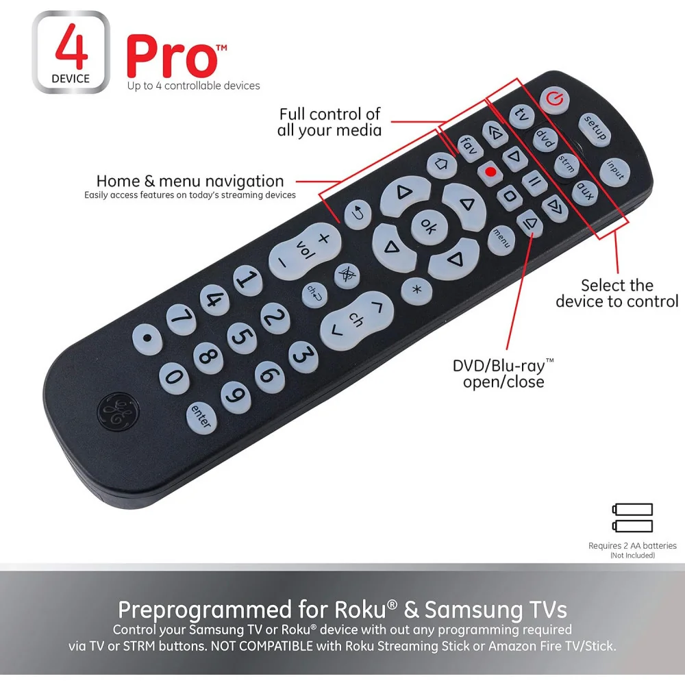 GE 4-in-1 Universal Remote Control: Easy Programming for Samsung, Vizio, LG, Sony, and More