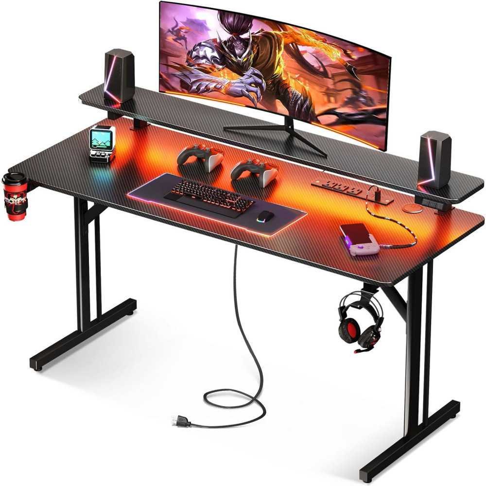 47 Inch LED-Lit Gamer Desk with Carbon Fiber Texture and Power Outlets | TekChoice Electronics