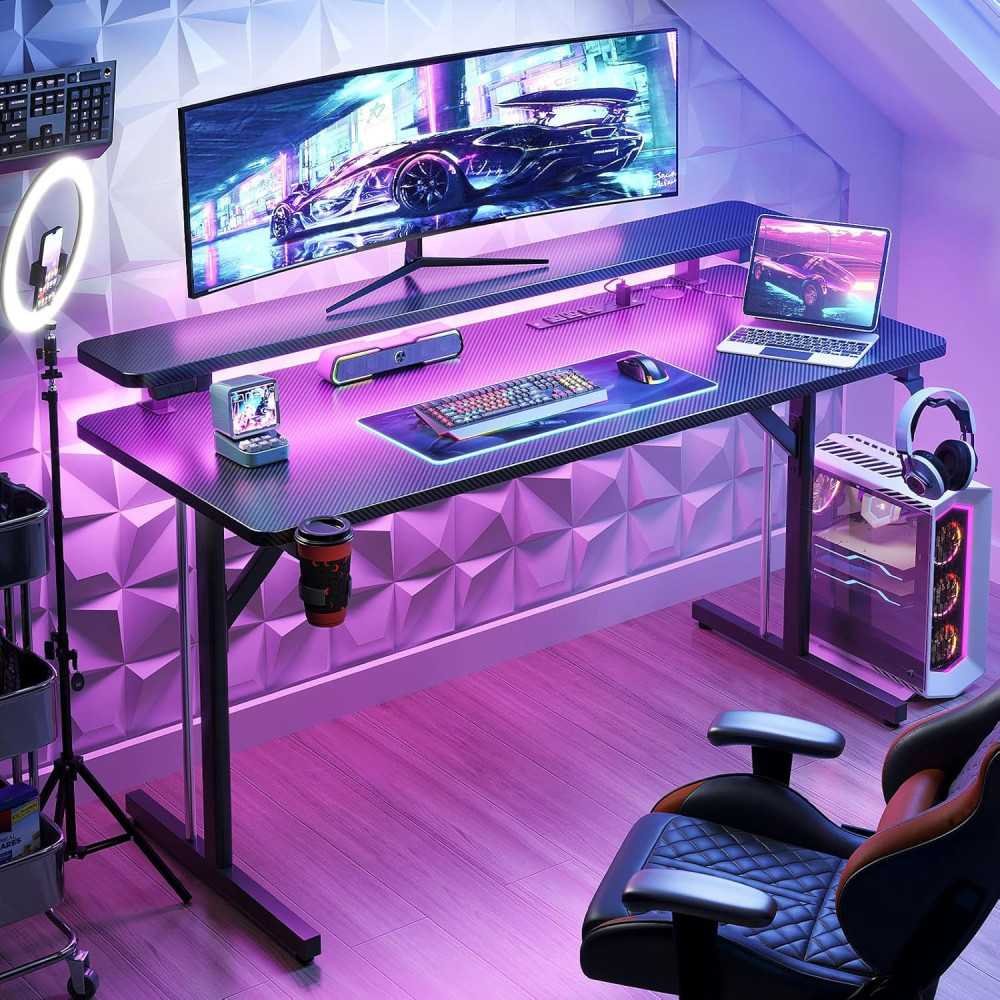 47 Inch LED-Lit Gamer Desk with Carbon Fiber Texture and Power Outlets | TekChoice Electronics