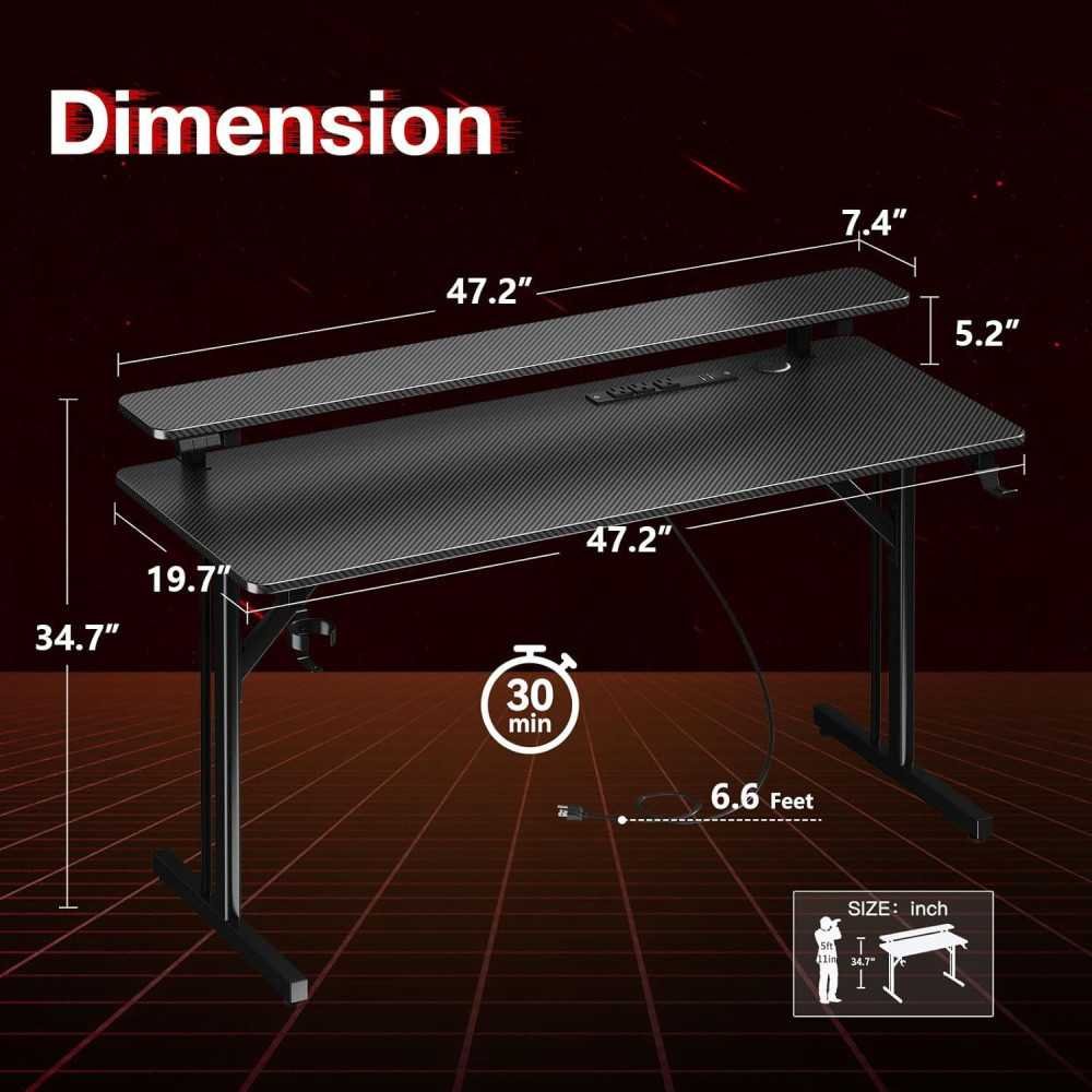 47 Inch LED-Lit Gamer Desk with Carbon Fiber Texture and Power Outlets | TekChoice Electronics