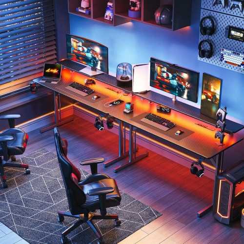 47 Inch LED-Lit Gamer Desk with Carbon Fiber Texture and Power Outlets | TekChoice Electronics