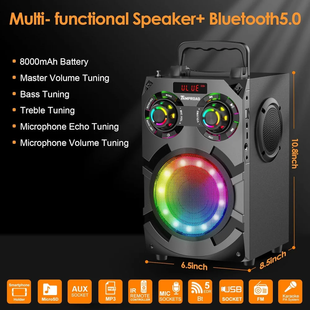 80W Peak Portable Loud Bluetooth Speaker Featuring Subwoofer, Stereo Sound, FM Radio, EQ, and LED Lights