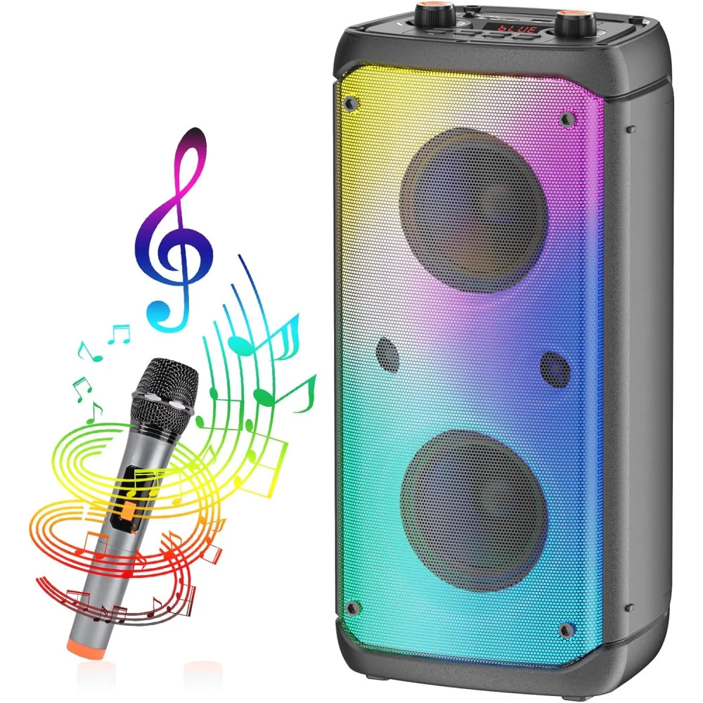 80W Peak Portable Loud Bluetooth Speaker Featuring Subwoofer, Stereo Sound, FM Radio, EQ, and LED Lights