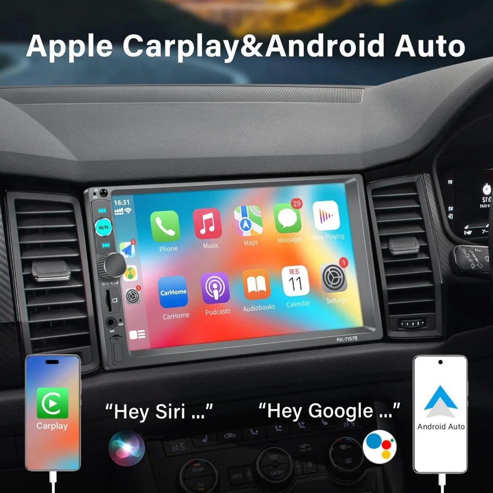 Double Din Car Stereo with Apple Carplay, Android Auto, Backup Camera, and More