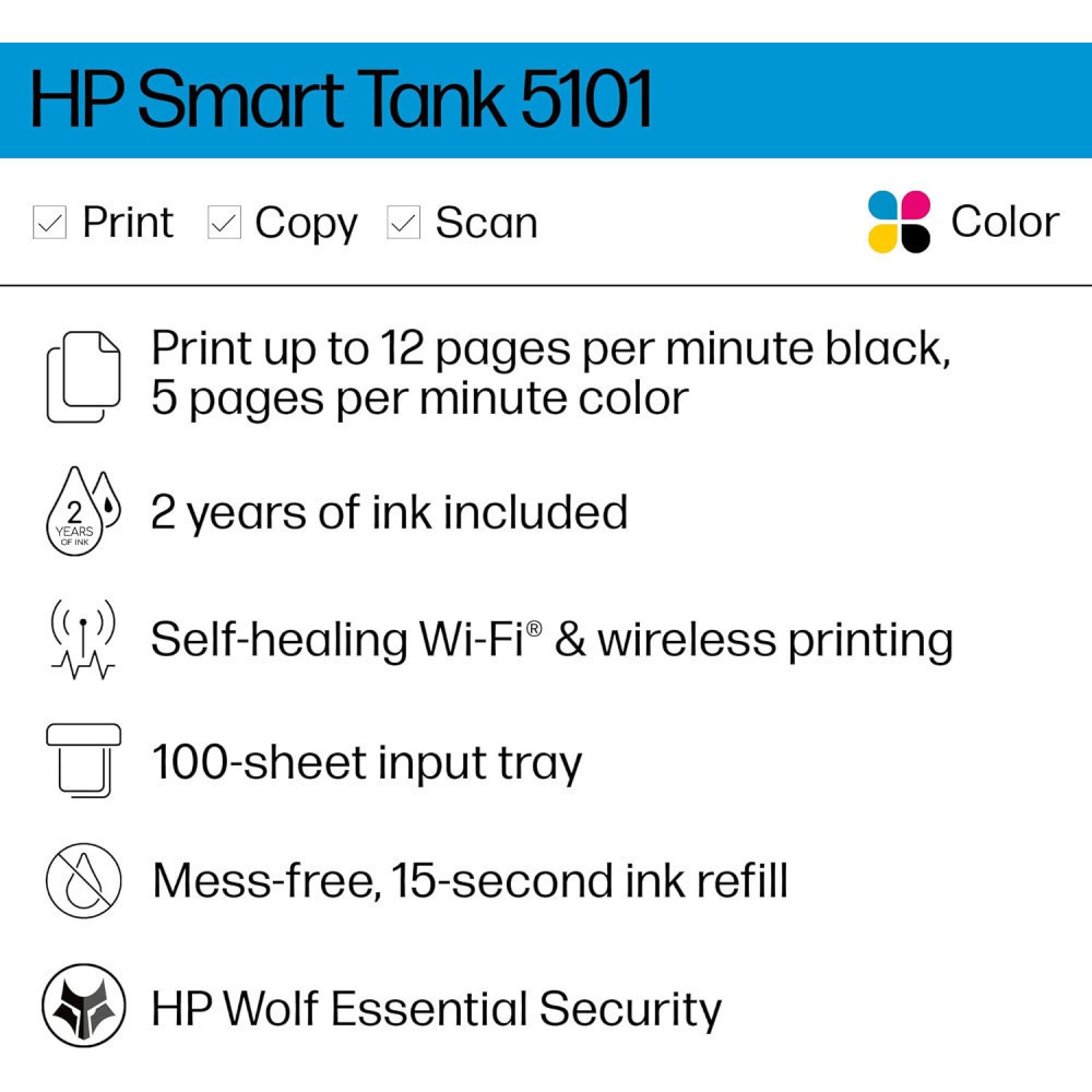 HP Smart Tank 5101 All-in-One Printer w/ Refillable Ink Tank and 2 Years of Ink Included