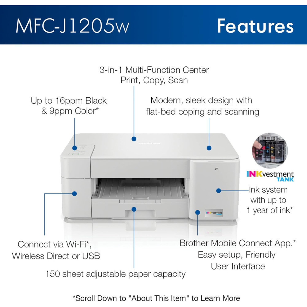 Brother MFC-J1205W INKvestment Tank Inkjet Printer
