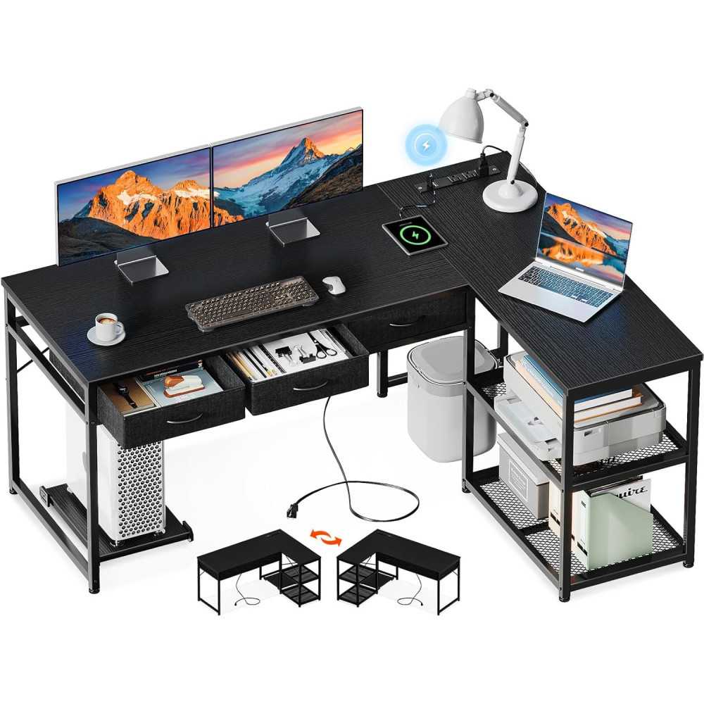 L Shaped Computer Office Desk: Stylish Storage Solutions & Convenient Power Outlets Included