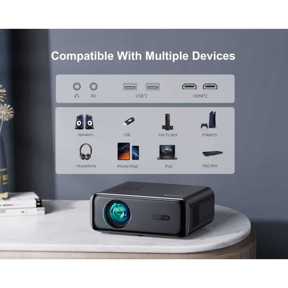 Smart Home Projector w/ Auto Focus, 4K Support, and Cutting-Edge Connectivity Features